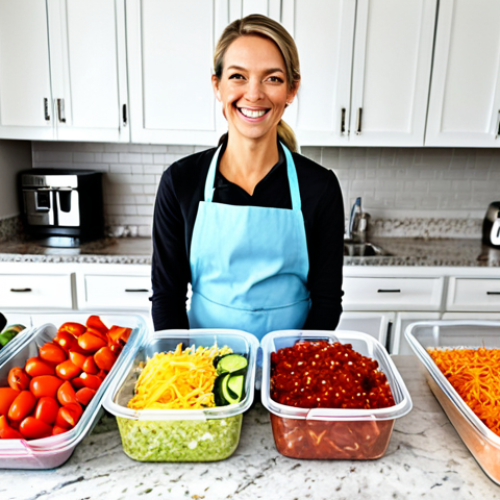 Home 4 Organized Meal Prep Scene**
"A brightly lit kitchen scene showcasing a countertop with several clear containers filled with pre-cut vegetables (peppers, onions, zucchini), cooked quinoa, and shredded chicken. A meal planning calendar is visible in the background. A fully clothed individual in an apron is smiling at the camera. Safe for work, appropriate content, professional photography, perfect anatomy, natural proportions, family-friendly, fully clothed, emphasizing efficiency and organization."
**