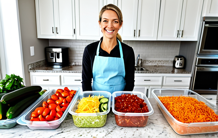 Organized Meal Prep Scene**

"A brightly lit kitchen scene showcasing a countertop with several clear containers filled with pre-cut vegetables (peppers, onions, zucchini), cooked quinoa, and shredded chicken. A meal planning calendar is visible in the background. A fully clothed individual in an apron is smiling at the camera.  Safe for work, appropriate content, professional photography, perfect anatomy, natural proportions, family-friendly, fully clothed, emphasizing efficiency and organization."

**